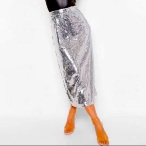 NWT Silver Sequin Longer MIDI Pencil Skirt